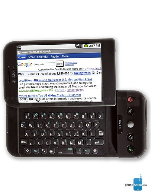  5. HTC Dream. Được giới thiệu vào tháng 10/2008 tại Mỹ, HTC Dream là smartphone chạy Android đầu tiên trên thế giới. Mặc dù nó chưa thật sự mang đến thành công về doanh thu nhưng lại mở ra bước ngoặt lớn cho ngành công nghiệp smartphone. Thiết bị chạy trên vi xử lý lõi đơn 528 MHz, màn hình cảm ứng 3,2 inch độ phân giải 320 x 480 pixel cùng với bàn phím QWERTY trượt. Các tính năng vượt trội khác bao gồm hỗ trợ tất cả các kết nối cao cấp tại thời điểm đó như 3G, Wi-Fi, GPS, RAM 192 MB, bộ nhớ trong 256 MB, camera sau 3,2 MP.