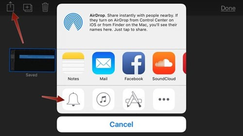 Nhấp và giữ vào bản nhạc vừa lưu, dòng menu share sẽ hiện ra ở trên cùng, người dùng nhấp vào nút share, sau đó chọn vào biểu tượng chuông. Lúc này, đoạn nhạc chính thức được thêm vào kho và sẵn sàng để sử dụng.