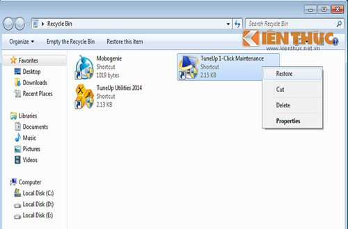 Click chuột phải vào file đó, chọn Restore hoàn thành việc "cứu" file.