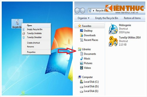 Cửa sổ Recycle bin hiện ra, tìm và chọn dữ liệu mà bạn đã xóa.