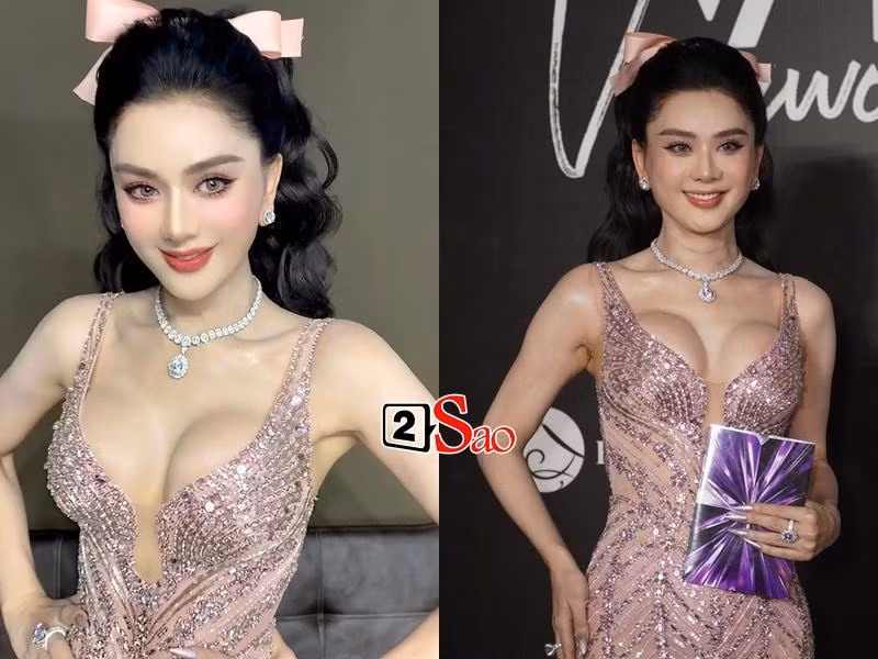 Trong ảnh bị chụp, gương mặt Lâm Khánh Chi không thanh tú như ảnh tự đăng, phần da cổ cho thấy rõ dấu hiệu tuổi tác.