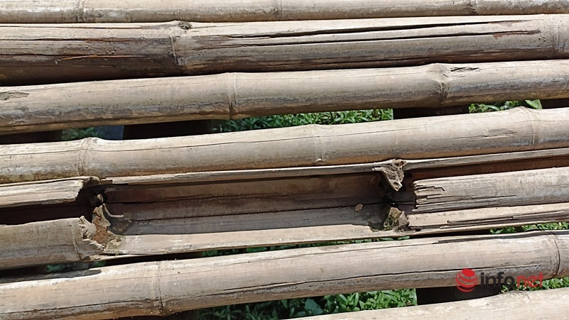 Trên mặt cầu, nhiều cây luồng cũng hư hỏng, dập nát, gây nguy hiểm cho người dân mỗi khi đi qua cầu.