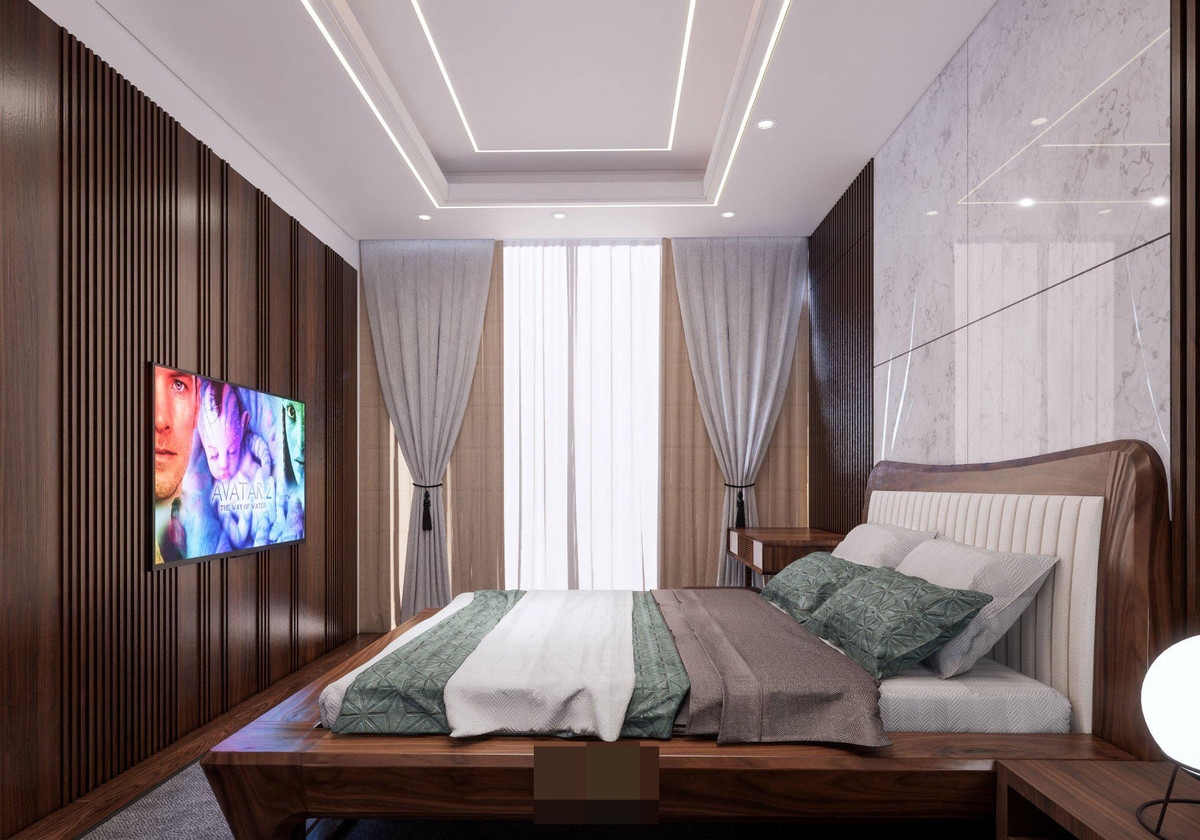 Phòng ngủ master rộng rãi, thiết kế bắt mắt, ấn tượng.