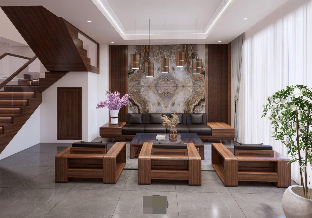 Phòng khách sử dụng nội thất gỗ óc chó sang trọng, màu sắc tinh tế. Khung cửa kính là giải pháp lấy ánh sáng và nguồn gió hiệu quả cho nhà phố.