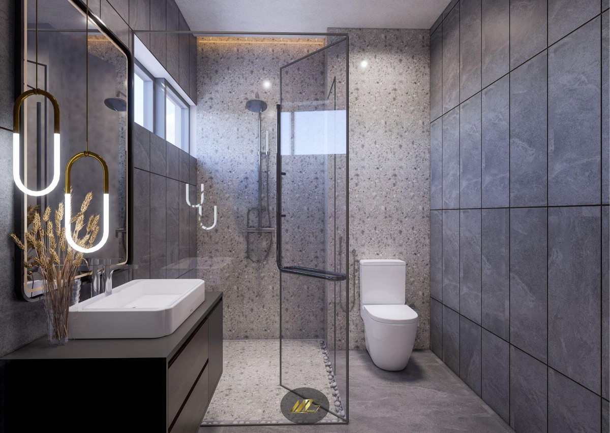 Phòng tắm sang chảnh, sạch sẽ và sáng bóng khi được ốp đá cao cấp, màu sắc nhẹ nhàng. Kiến trúc sư sử dụng vách ngăn bằng kính tinh tế, đan xen thêm mảng gạch nhiều màu sắc độc đáo càng tăng thêm sự cuốn hút cho nơi đây.