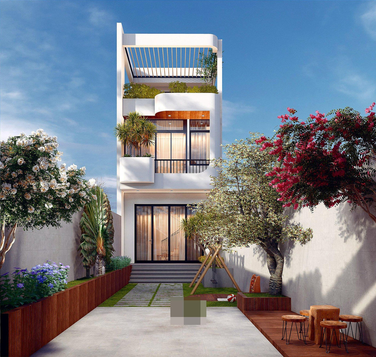 Cây xanh là yếu tố không thể thiếu cho những công trình nhà phố hiện đại. Từ tầng trệt cho đến các tầng lầu đều trồng đan xen cây xanh và giàn cây leo độc đáo, giúp làm tăng nét đẹp cho công trình, đem đến bầu không khí trong lành, rất tốt cho sức khỏe mọi người. Hệ thống cửa sổ, cửa chính được làm từ chất liệu kính cường lực cao cấp, nhằm mang ánh sáng thiên nhiên, nguồn gió mát vào nhà, đồng thời tạo bầu không khí trong lành. Đây cũng là chất liệu được sử dụng thịnh hành hiện nay, vừa tiện lợi vừa tiết kiệm chi phí hiệu quả cho gia chủ.