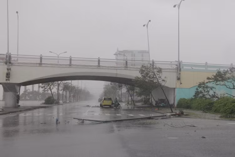 Nhiều trụ đèn chiếu sáng bị gãy, nằm ngổn ngang trên đường...