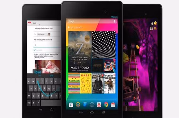 Google Nexus 7. Sản phẩm sở hữu chip xử lý lõi tứ tốc độ 1.5Ghz đi kèm RAM 2Gb và có 2 sự lựa chọn cho bộ nhớ 16Gb và 32Gb. Chỉ nặng vẻn vẹn 260g, bạn có thể dễ dàng để chiếc máy tính bảng này trong túi khi đi siêu thị cũng như để giết thời gian cùng một kho ứng dụng khổng lồ trên những cuộc hành trình kéo dài. Thiết bị sở hữu một thời lượng pin khá dài và màn hình IPS 7 inch có độ phân giải 1920x1200 cho mật độ điểm ảnh là 323ppi.