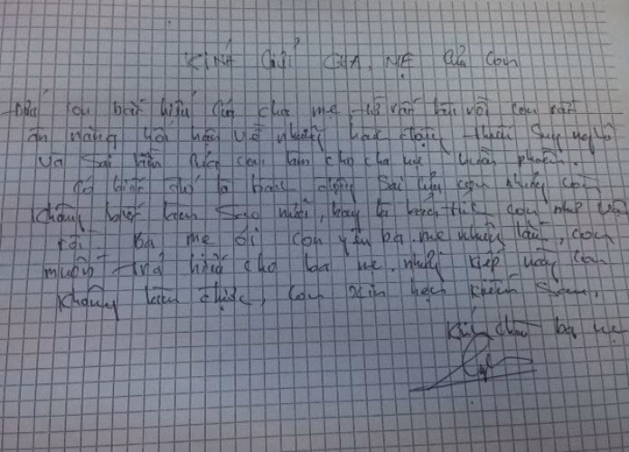 Bức thư Phúc viết cho cha mẹ trước khi gây án.