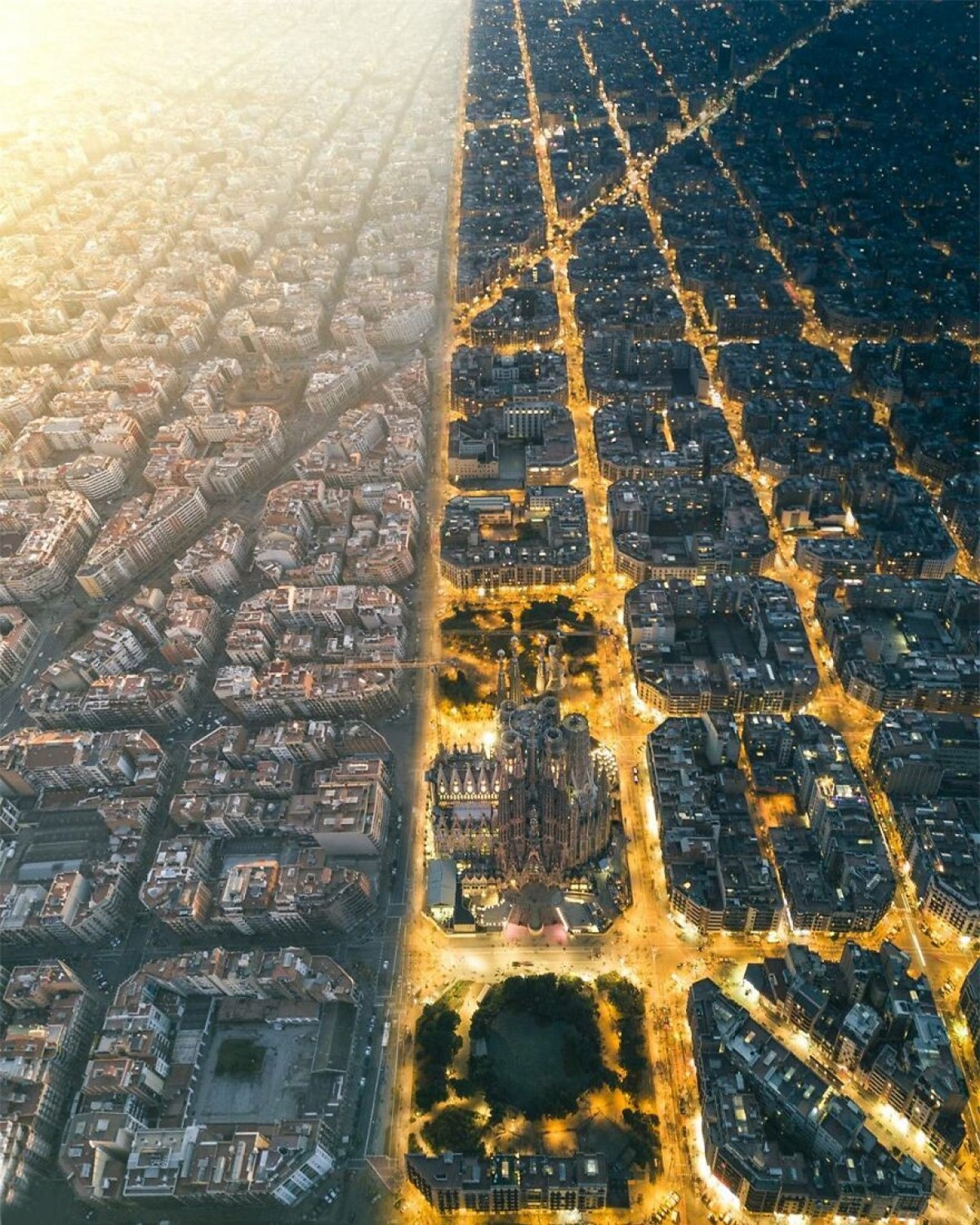 Cảnh tượng ngày và đêm ở Barcelona, Tây Ban Nha.
