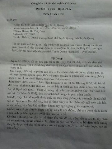 Đơn phản ánh của gia đình chị Vân.