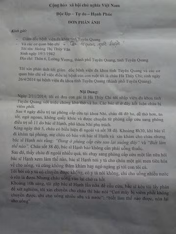 Đơn phản ánh của gia đình chị Vân.