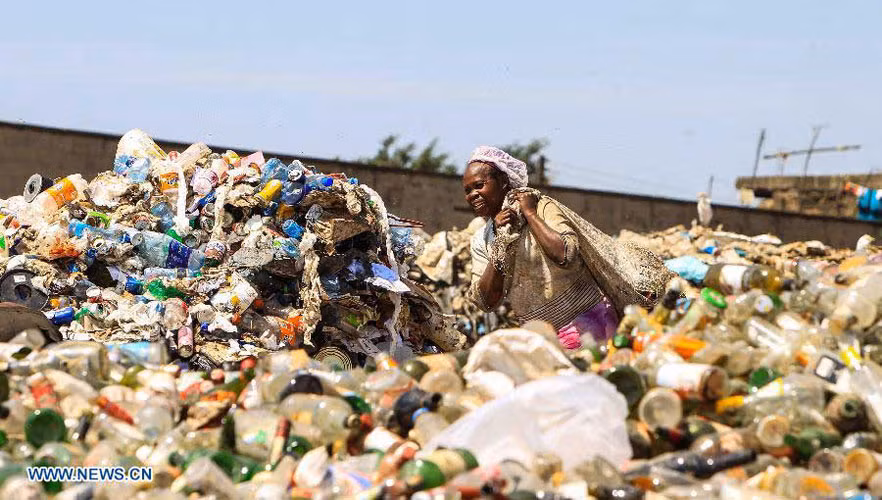 Một phụ nữ chìm nghỉm trong đống vỏ chai lọ trên núi rác.