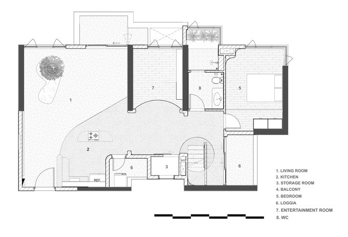 Đối với mặt bằng 200m2 tầng 1, đội ngũ kiến trúc sư gần như không thể thay đổi được cấu trúc. Do đó họ quyết định thiết kế các khu vực sinh hoạt khác bằng sử dụng hình khối - phù hợp với cảm hứng phong cách kiến trúc của Kahn (Ảnh: Dezeen).
