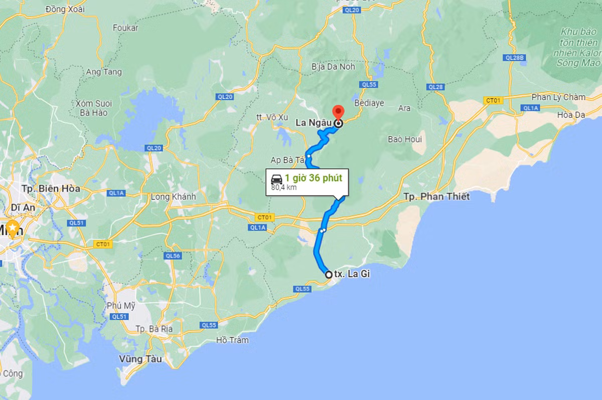 La Ngâu cách thị xã La Gi khoảng 80km. Ảnh: Google Maps