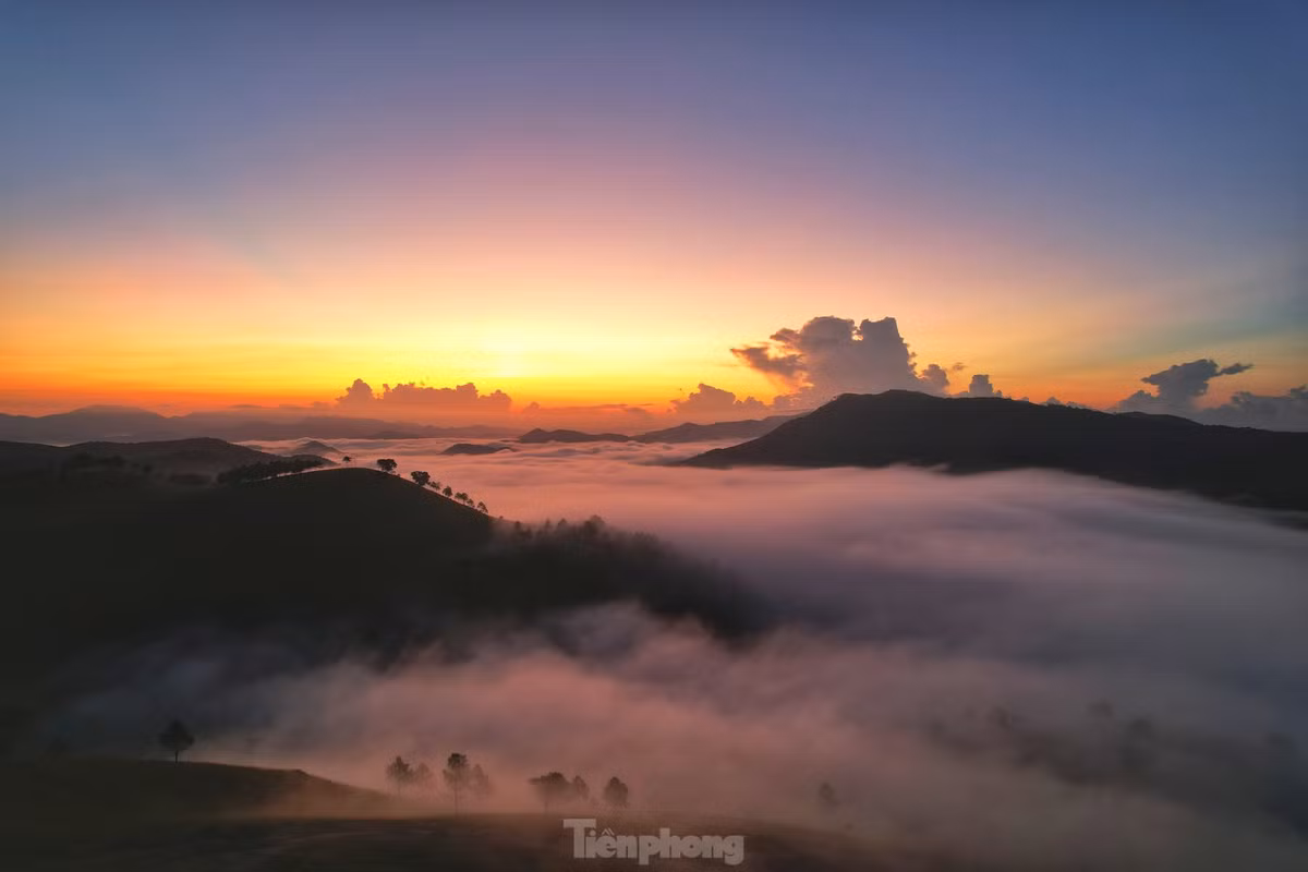 Cảnh mây vờn núi, luồn qua những tán cây phía chân đồi trước bình minh, như lạc vào chốn bồng lai tiên cảnh.