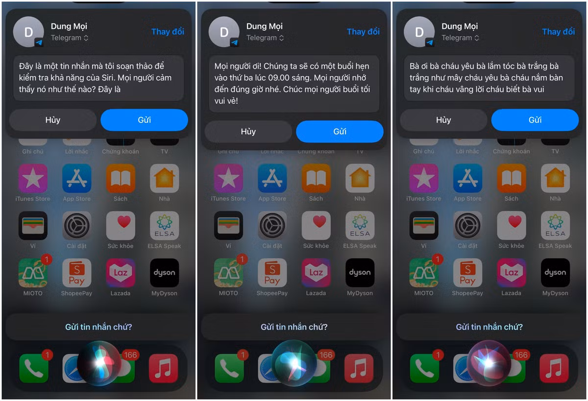  Gọi Siri, yêu cầu “Soạn tin nhắn [nội dung]”. Siri sẽ hỏi gửi tới ai và mình chỉ việc chọn người gửi, ứng dụng gửi, sau đó nói “gửi” xác nhận. Những lúc đang vội hoặc tay bị bẩn không tiện thì Siri làm hết, chỉ việc nói sẽ rất tiện. Trước đây, nếu dùng tiếng Anh nó sẽ là rào cản lớn. Ảnh: Tinh tế 
