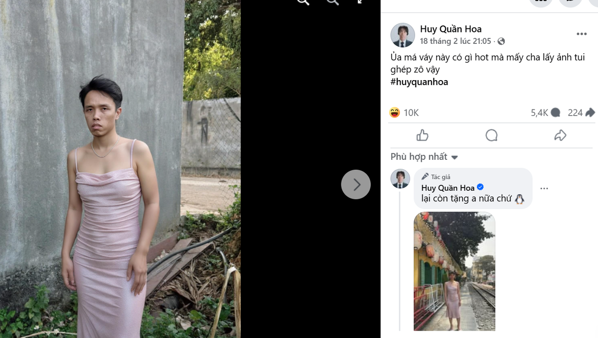 "Ông trùm" ghép ảnh Huy Quân Hoa đương nhiên không đứng ngoài cuộc. Anh chàng vốn nổi tiếng với việc người theo dõi mặc định mỗi khi đăng ảnh. Không khó để bức ảnh này được 10 nghìn lượt "haha".