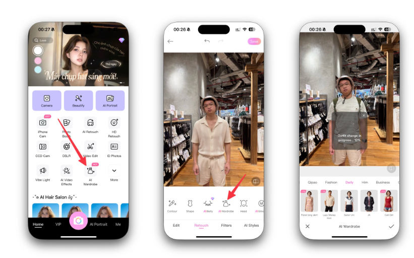 Tính năng "Tủ đồ AI" hoạt động bằng cách cho phép người dùng tải ảnh lên hoặc chụp ảnh mới, sau đó chọn mục "Tủ đồ AI" trong thanh công cụ của ứng dụng. BeautyCam sẽ tự động nhận diện cơ thể, phân tích các đặc điểm trên ảnh và áp dụng trang phục ảo theo lựa chọn của người dùng.