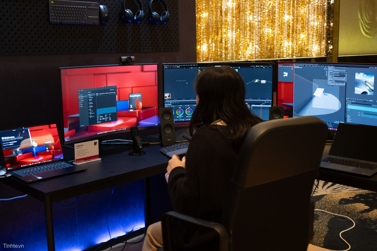 Tại một góc trưng bày demo, Qualcomm cho thấy một chiếc laptop chạy CPU Qualcomm Snapdragon X có thể kéo cùng lúc 3 màn hình độ phân giải 4K. Ảnh:NC Minh Đức/Tinhte