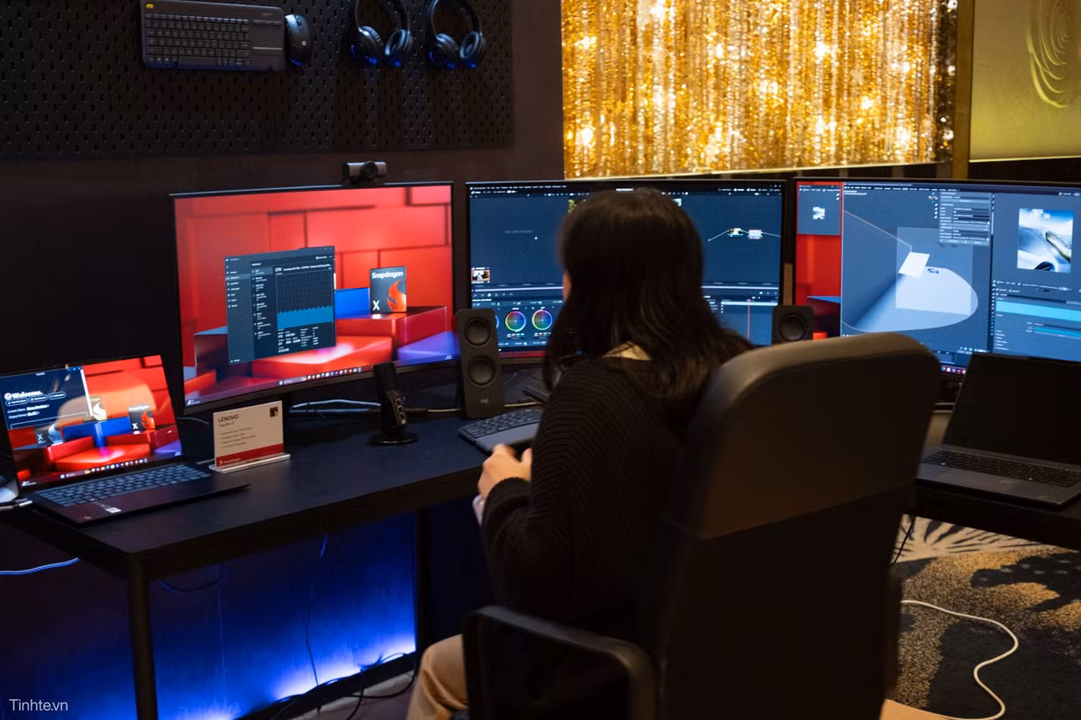 Tại một góc trưng bày demo, Qualcomm cho thấy một chiếc laptop chạy CPU Qualcomm Snapdragon X có thể kéo cùng lúc 3 màn hình độ phân giải 4K. Ảnh:NC Minh Đức/Tinhte