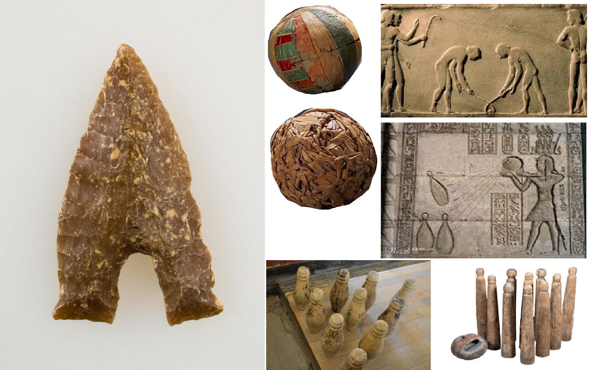 Đầu mũi tên xuất hiện lần đầu tiên ở Ai Cập vào khoảng năm 6000 trước Công nguyên. Nghề dệt cũng được phát minh ra vào khoảng thời gian này. Những ngôi mộ cổ có niên đại 5200 trước Công nguyên chứa những quả bóng bằng vải lanh.