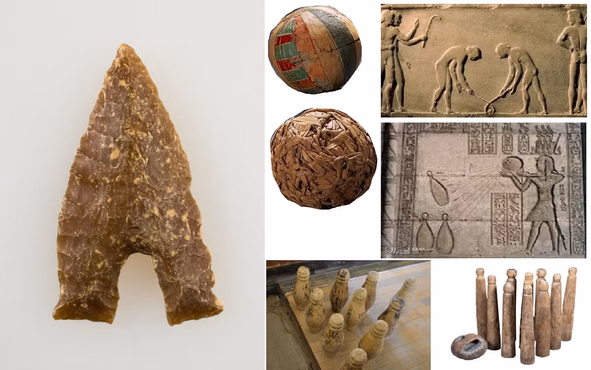 Đầu mũi tên xuất hiện lần đầu tiên ở Ai Cập vào khoảng năm 6000 trước Công nguyên. Nghề dệt cũng được phát minh ra vào khoảng thời gian này. Những ngôi mộ cổ có niên đại 5200 trước Công nguyên chứa những quả bóng bằng vải lanh.