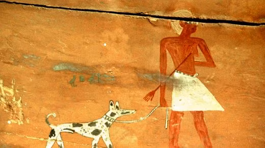 Những đồ gốm đầu tiên bắt đầu xuất hiện vào khoảng năm 5000 trước Công nguyên, cùng thời điểm mà người dân ở khu vực này bắt đầu nuôi các loài động vật như dê, cừu, lợn và gia súc. Một hình ảnh được tạo ra ở Ai Cập gần sáu nghìn năm trước mô tả một người đàn ông dắt chó đi dạo. Ảnh: Spigel