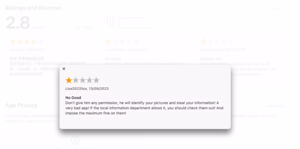 Các ứng dụng giả mạo bị phát hiện nhắm đến các ứng dụng nhắn tin phổ biến, trợ lý trí tuệ nhân tạo (AI), ứng dụng đặt đồ ăn và truy cập vào các sàn giao dịch tiền điện tử. Trên ảnh là người dùng báo cáo ứng dụng vì nhận ra nó yêu cầu các quyền thái quá. Ảnh: Open Tips/Kaspersky.