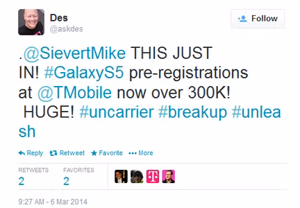 Hai ngày sau khi sản phẩm Galaxy S5 mới nhất của Samsung trình làng, số lượng đơn hàng đặt trước tại nhà mạng T-Mobile đã lên tới con số kỷ lục 100 000. Giờ đây, con số đó đã tăng gấp 3 lần, chỉ tính riêng tại nhà mạng này. Con số này cho thấy đứa con cưng của Samsung vẫn nhận được sự ủng hộ của khá nhiều người mặc dù cũng bị ném không ít gạch đá.