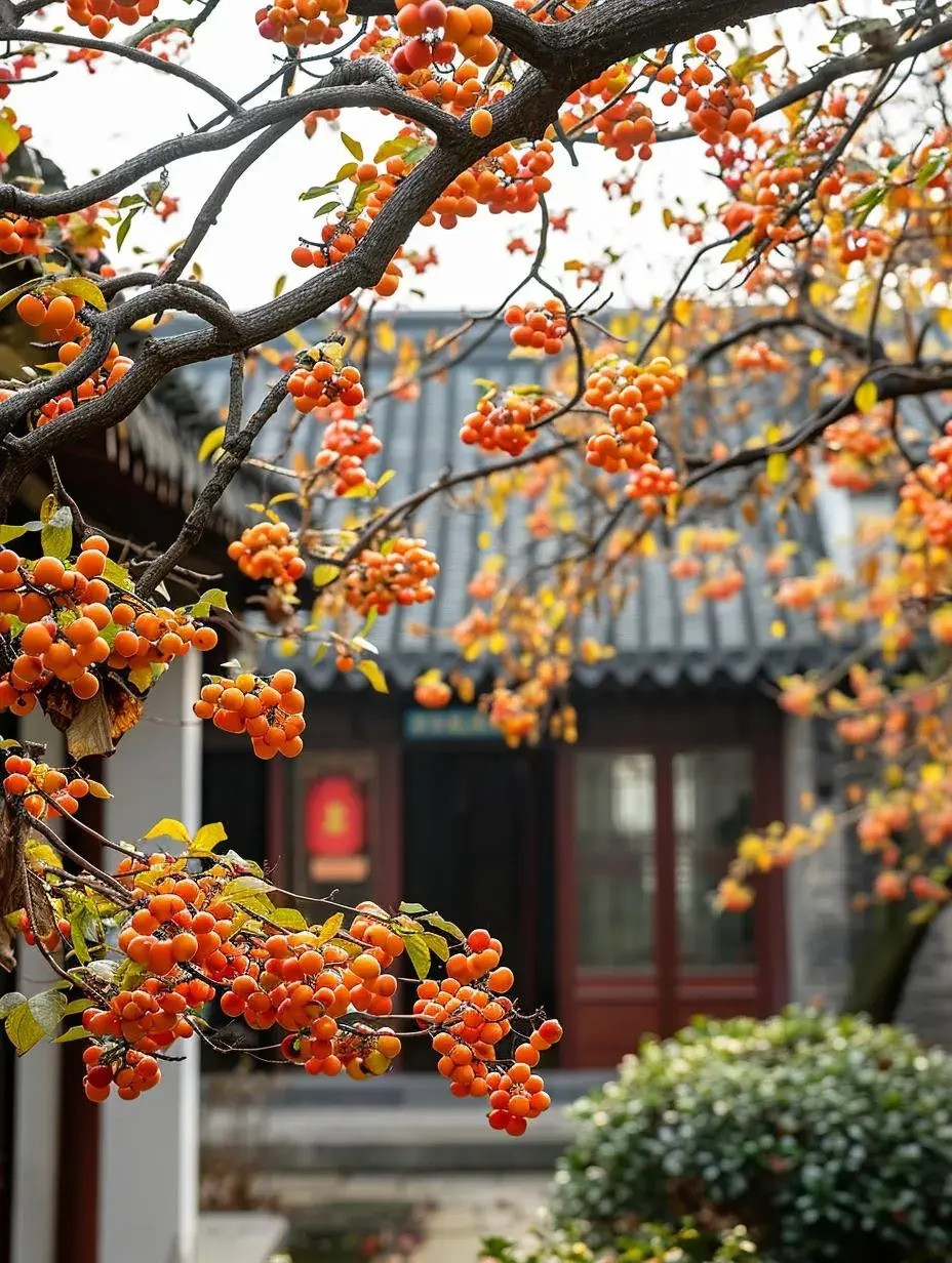 Những quả hồng đỏ rực, lúc lỉu không chỉ là cảnh đẹp khiến người ta mê đắm mà còn có ý nghĩa tượng trưng cho tài lộc đến nhà, rất tốt trong phong thủy. Những quả đỏ trĩu trịt trên cành trông giống như những chiếc đèn lồng đỏ treo cao, mang lại cảm giác lễ hội mùa thu.