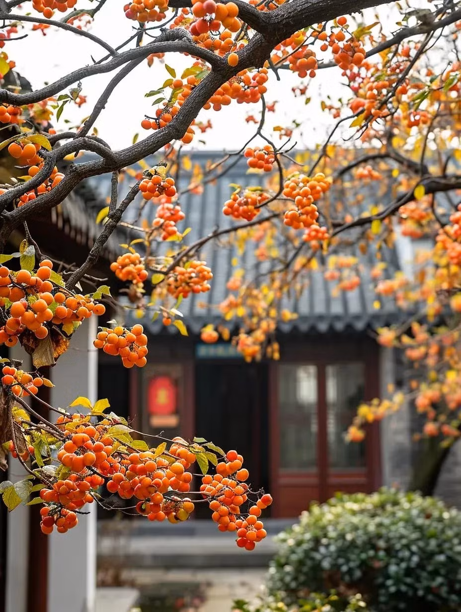 Những quả hồng đỏ rực, lúc lỉu không chỉ là cảnh đẹp khiến người ta mê đắm mà còn có ý nghĩa tượng trưng cho tài lộc đến nhà, rất tốt trong phong thủy. Những quả đỏ trĩu trịt trên cành trông giống như những chiếc đèn lồng đỏ treo cao, mang lại cảm giác lễ hội mùa thu.