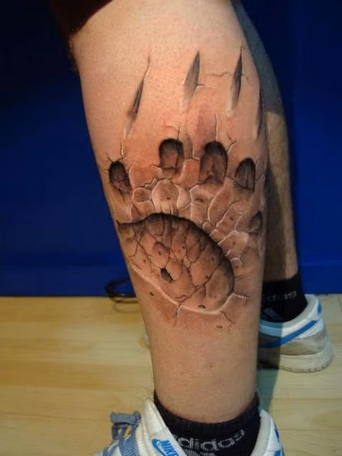 Vết chân và móng vuốt động vật ăn thịt lồi lõm trên bắp chân.