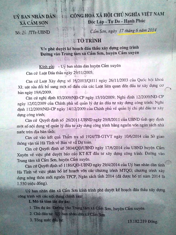 Tờ trình số 26 đề nghị phê duyệt kế hoạch đấu thầu xây dựng ngày 17/6/2014 của xã Cẩm Sơn