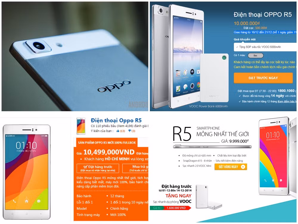 Chênh lệch giá Oppo R5 giữa các đại lý, cửa hàng điện thoại.