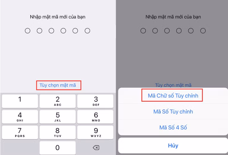  Tăng tính bảo mật bằng mật mã kết hợp chữ và số: Để thực hiện, bạn hãy vào Cài đặt > Face ID và mật mã > Thay đổi mật mã. Sau đó, tại màn hình mới sẽ có mục Tùy chọn mật mã, bạn hãy mở lên và chọn Mã Chữ số Tùy chỉnh để tạo một mật mã an toàn hơn. Ảnh chụp màn hình.