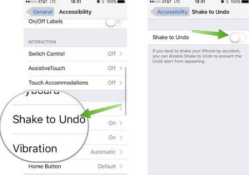  Tắt tính năng Lắc để hoàn tác: Đôi khi bạn cảm thấy khó chịu khi đang gõ văn bản mà vô tình lắc điện thoại khiến thông báo hoàn tác hiện lên. Để tắt nó đi, bạn hãy vào Cài đặt &gt; Trợ năng và tắt tính năng Lắc để hoàn tác. Ảnh: dr.fone.