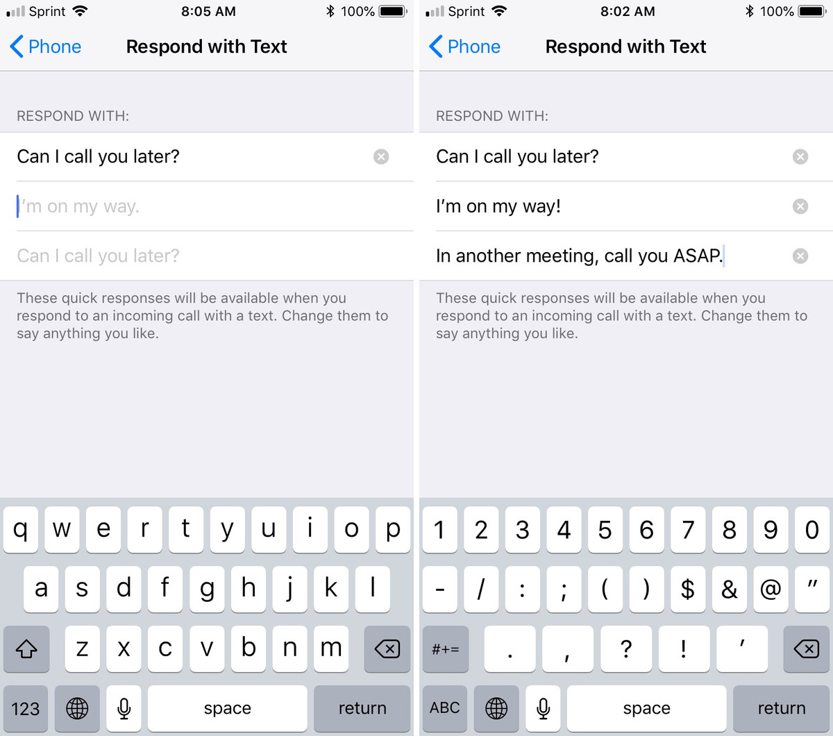  Tính năng Phản hồi bằng tin nhắn: Trong trường hợp bạn không thể nghe máy, hãy sử dụng tính năng này để thông báo cho người gọi biết. Đầu tiên, bạn vào Cài đặt &gt; Điện thoại &gt; Phản hồi bằng tin nhắn. Sau đó, chúng ta có thể soạn trước nội dung văn bản. Khi có cuộc gọi đến, bạn chỉ việc bấm vào biểu tượng tin nhắn trên màn hình để trả lời. Ảnh: iDownloadBlog.