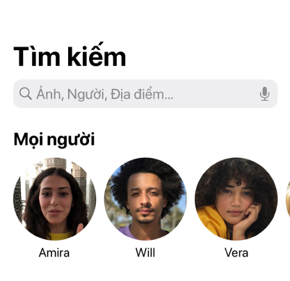  Tìm ảnh nhanh: Khi bấm vào thanh tìm kiếm trong ứng dụng Ảnh, bạn sẽ thấy các danh mục gợi ý về người, địa điểm và ảnh để giúp bạn tìm được bức ảnh mong muốn. Ảnh chụp màn hình.