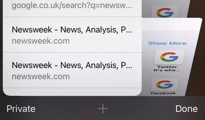  Mở lại các trang web vừa đóng: Nếu bạn vô tình đóng một trang web trên Safari và muốn mở lại, hãy nhấn giữ biểu tượng dấu cộng (+) bên dưới màn hình, những trang web vừa tắt sẽ hiện tại đây. Ảnh: Newsweek.