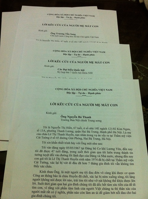 Đơn kêu cứu của gia đình nạn nhân Huyền tới các cơ quan chức năng và cá nhân cao nhất.