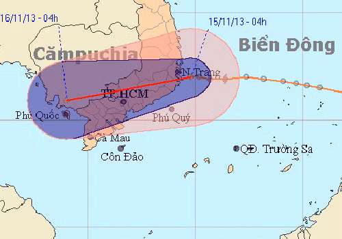 Dự báo đường đi của áp thấp nhiệt đới. Ảnh: Trung tâm dự báo khí tượng thủy văn T.Ư ngày 15/11 .