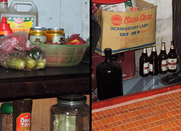 Tại phòng bếp này, còn thấy rất nhiều vỏ chai bia đã được sử dụng, có cả bia chai, bia lon.