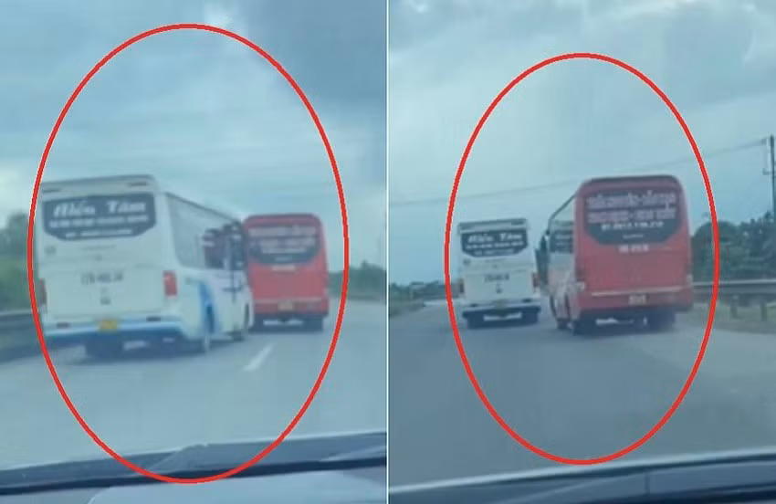 2 xe khach danh vong, chen ep nhau tren cao toc