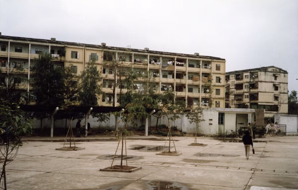 Khu tập thể Giảng Võ nhìn từ sân trường PTTH Hà Nội - Amsterdam (nay là PTTH Nguyễn Trãi), Hà Nội năm 1990. Hai tòa nhà trong ảnh là nhà B5 và B6, trong đó B6 (trái) ngày nay đã được đập đi xây lại. Ảnh: Diligam_te Flickr.