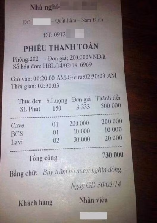 Dân mạng lan truyền tờ hóa đơn được cho là công khai chuyện mua bán dâm.