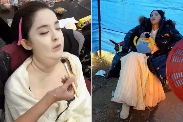 "Người đẹp Tân Cương" Cổ Lực Na Trát có thể ngủ mọi lúc mọi nơi, từ khi trang điểm cho tới hậu trường đóng phim.