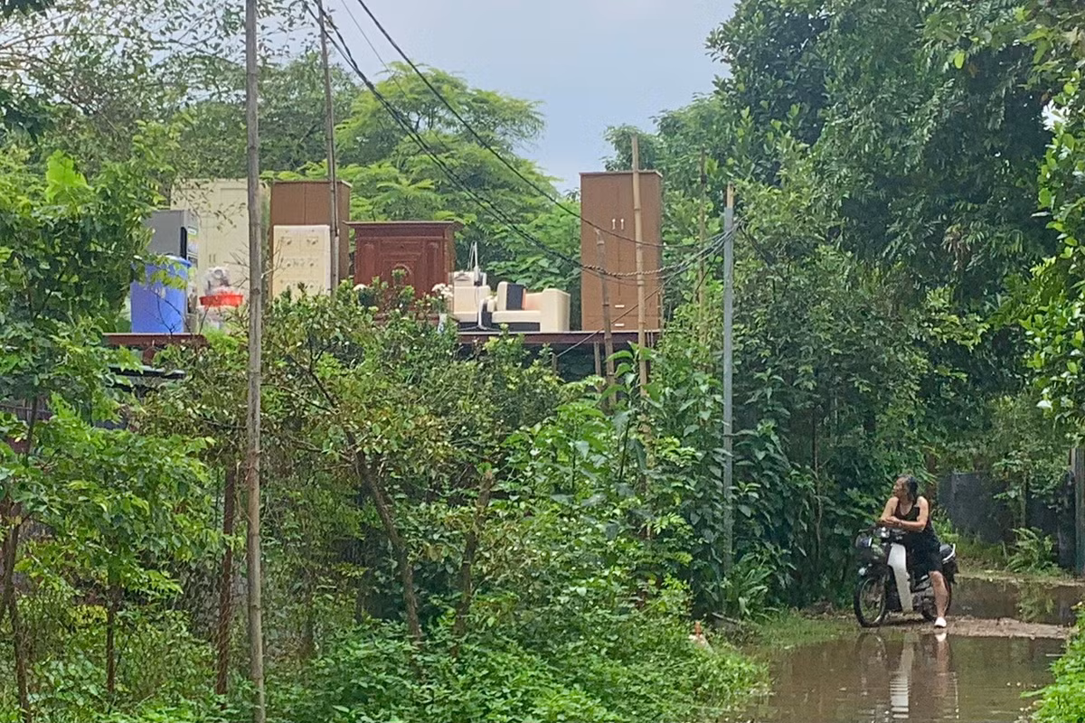 Nhiều hộ phải chuyển đồ đạc lên cao để tránh ngập úng khi nước sông Hồng dâng lên.