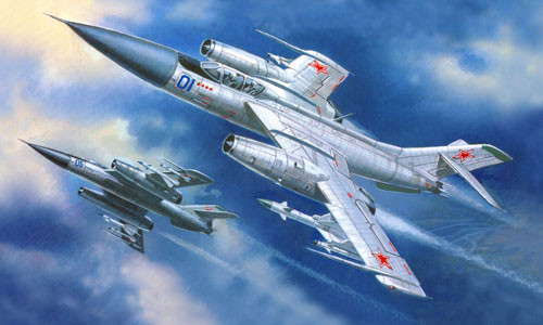 Tranh vẽ biến thể tiêm kích đánh chặn tầm xa Yak-28P mang 2 đạn R-98 và 2 đạn K-13.