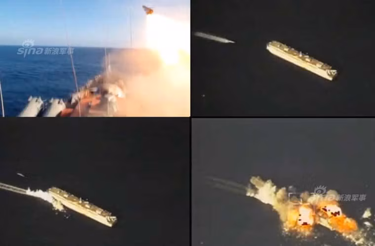 Các ảnh ghép ghi lại hình ảnh tàu tuần dương tên lửa Project 1164 Atlant của Hải quân Nga phóng tên lửa diệt hạm siêu âm P-500 Bazalt đánh tan nát một tàu bia hàng nghìn tấn.